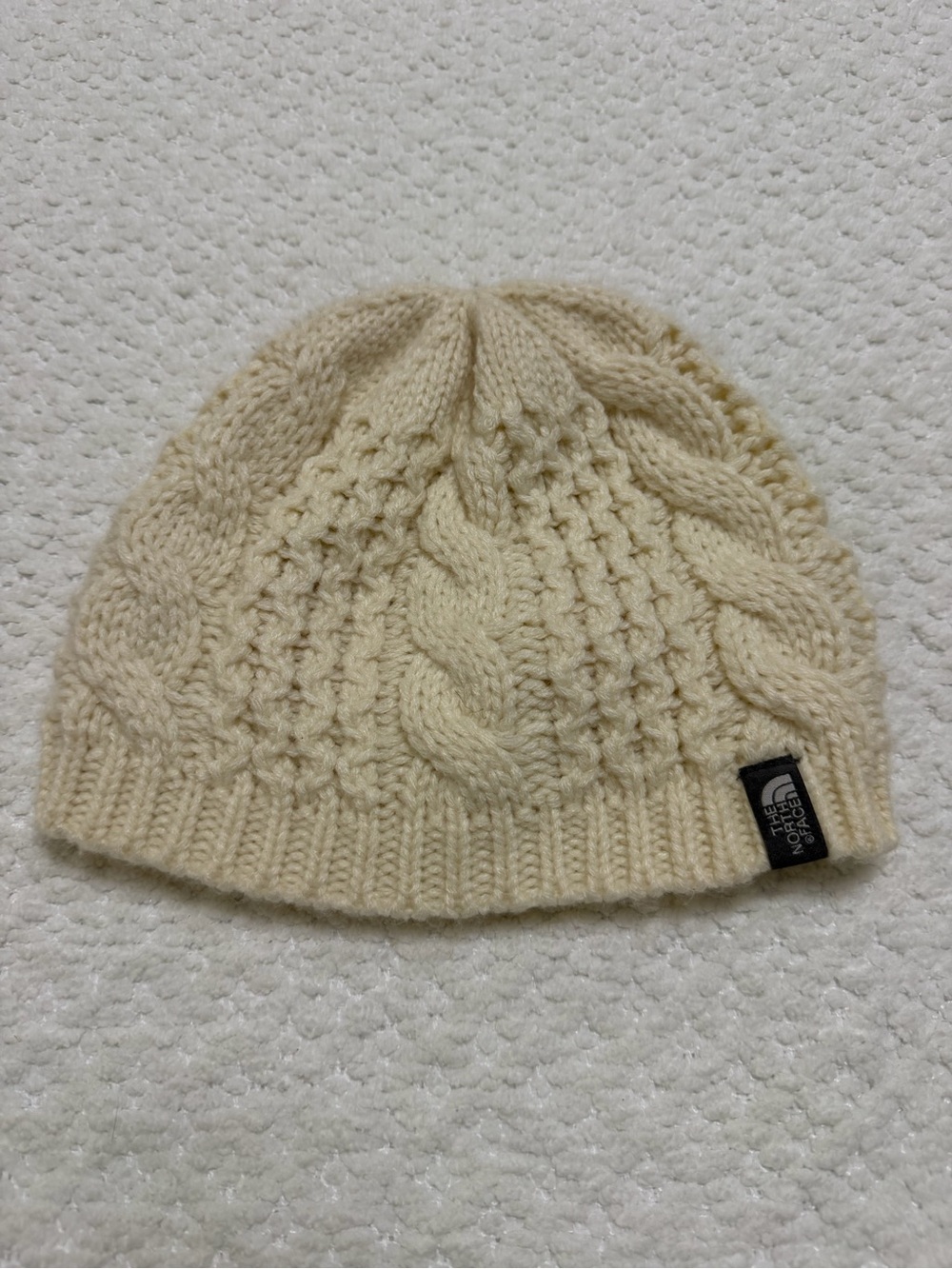 North Face Beanie Ivory CableKnit Hat OS Wool Acrylic Alpaca Fleece Lined